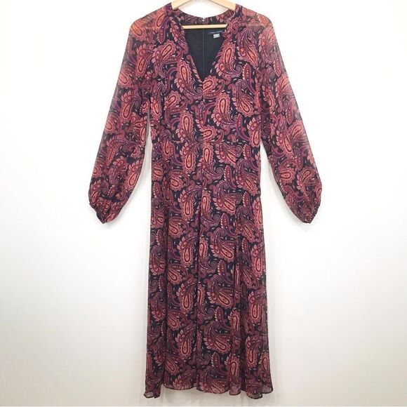 Tommy Hilfiger Black Marron Paisley Print Lightweight Long Sleeve Dress - Picture 3 of 16